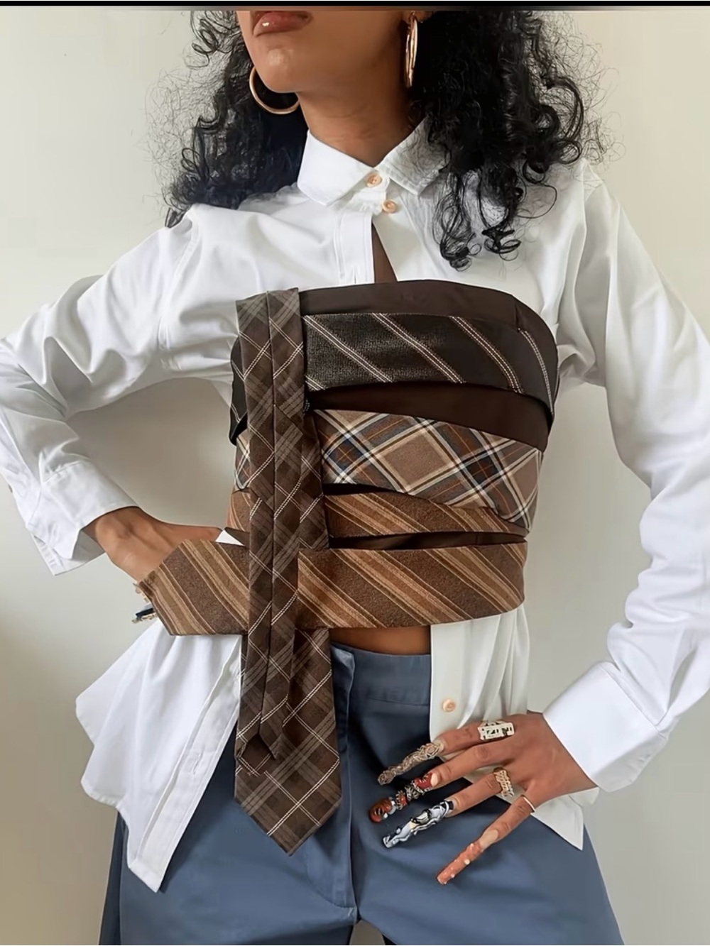Brown Plaid Tie Wrap Bustier - Women Accessories